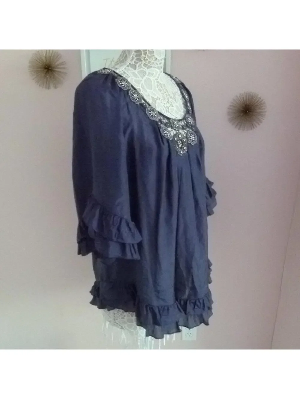 Rebecca Taylor Navy Blue 100% Silk Jeweled Ruffle Blouse Top – Size 10 new